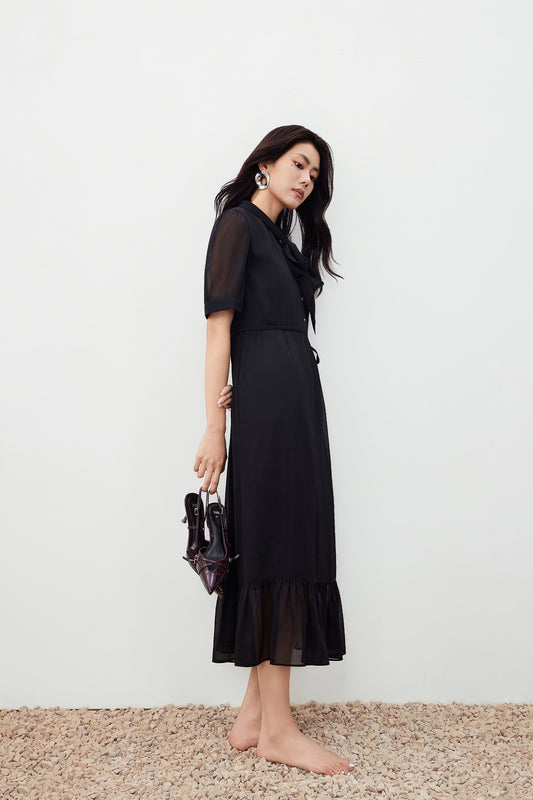 Chiffon 綁帶領連身裙(配領帶)