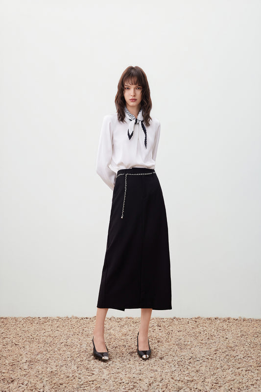 Round Neck Long Sleeve Blouse With Scarf