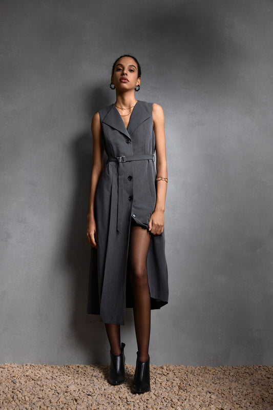 Lapel Collar Sleeveless Dress