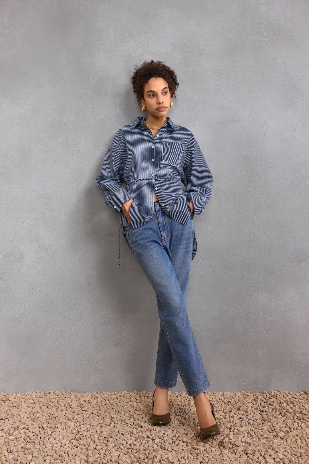 Cotton 翻領休閒恤衫(配腰帶)