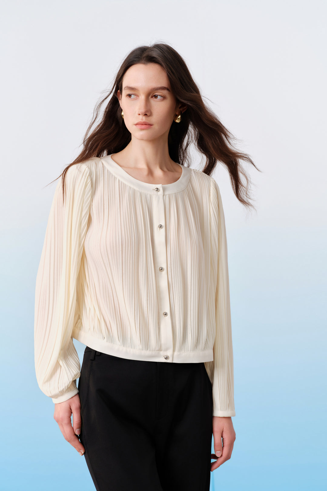 BLAACK | Round Neck Drop-Shoulder Long Sleeve Blouse