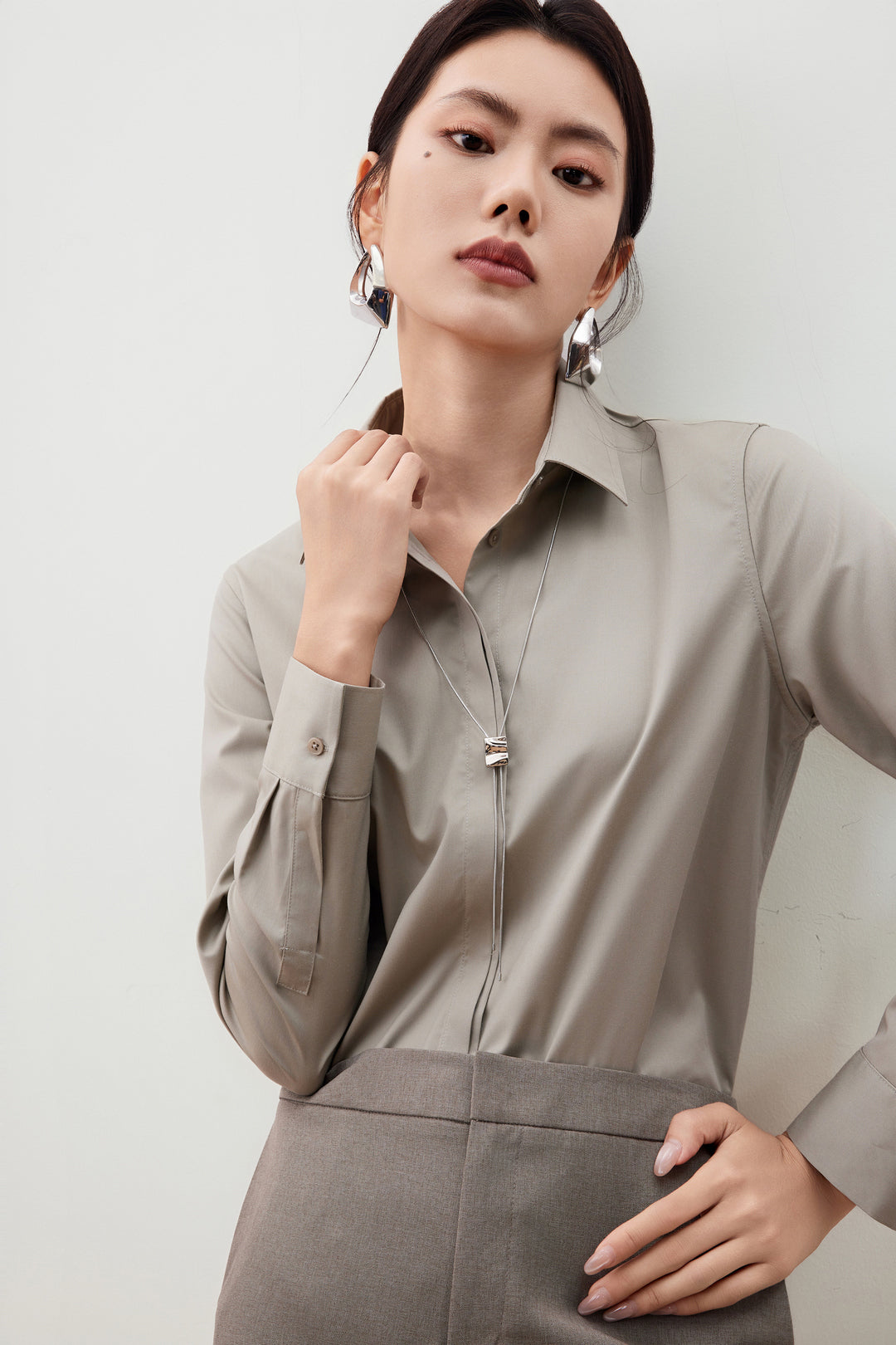 G2000 WOMAN-lapel-collar-long-sleeve-long-sleeve-dress-shirt-with-necklace-56221053-Green