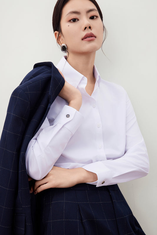 G2000 WOMAN-non-iron-lapel-collar-long-sleeve-dress-shirt-56221083-White