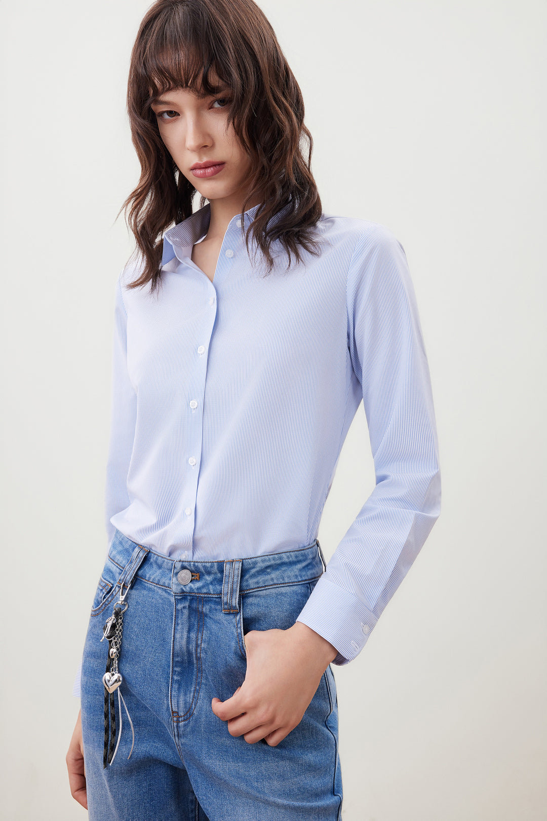 G2000 WOMAN-non-iron-lapel-collar-long-sleeve-dress-shirt-with-detachable-tie-56221093-Blue