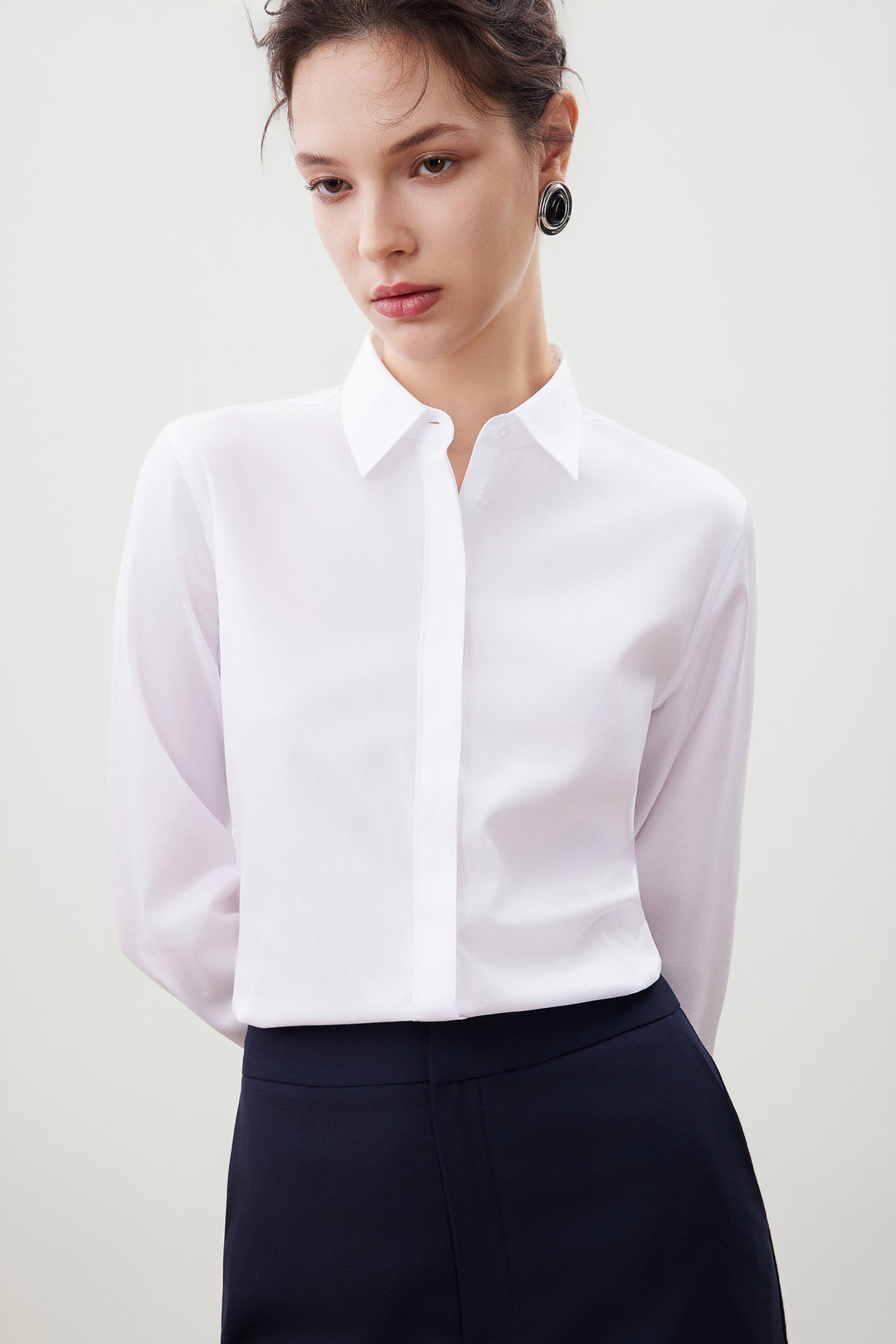 Non-Iron Lapel Collar Long-Sleeve Dress Shirt With Brooch