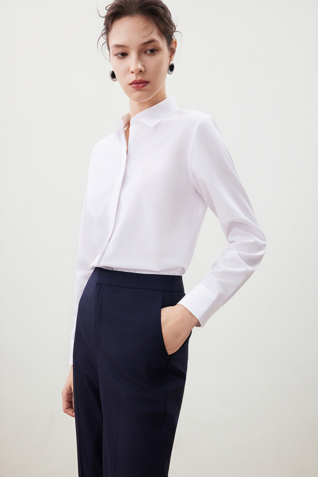 Non-Iron Lapel Collar Long-Sleeve Dress Shirt With Brooch