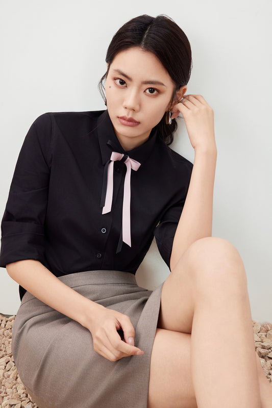 G2000 WOMAN-easy-care-lapel-collar-long-sleeve-dress-shirt-with-detachable-tie-56223203-Black