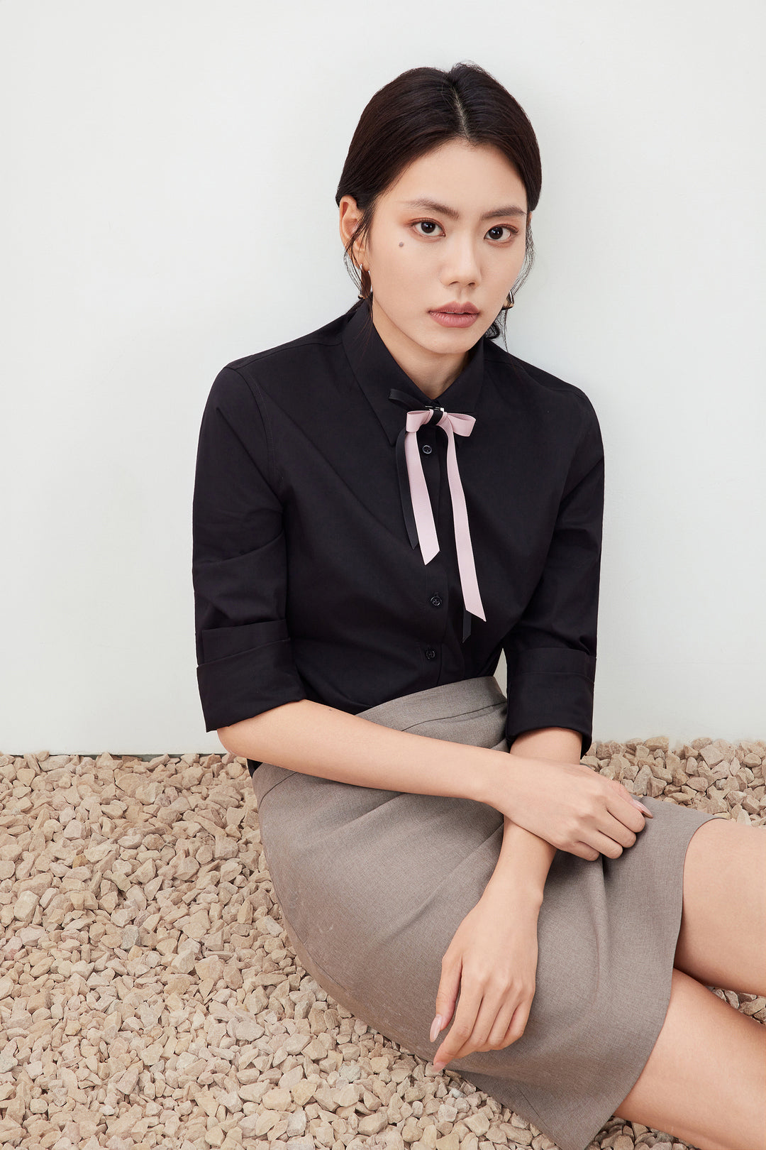 Easy Care 翻領長袖商務恤衫(配可拆卸領帶)