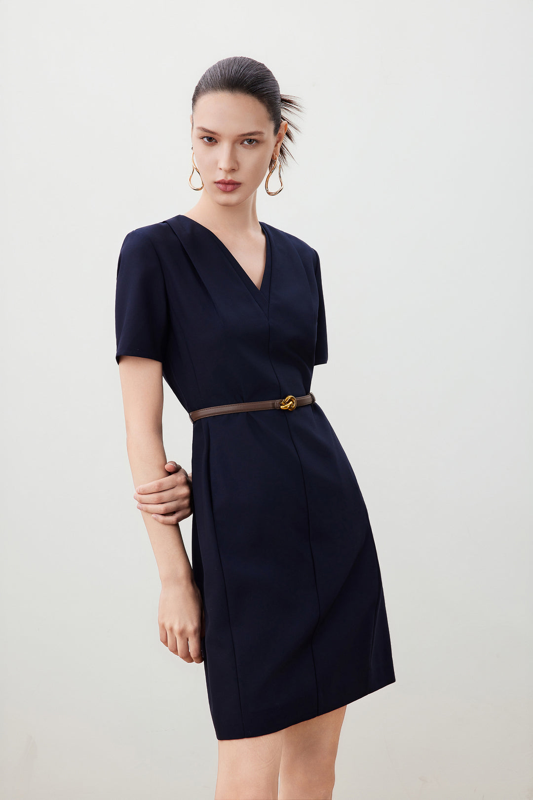 G2000 WOMAN-wool-collection-anti-static-v-neck-dress-with-belt-56231005-Blue