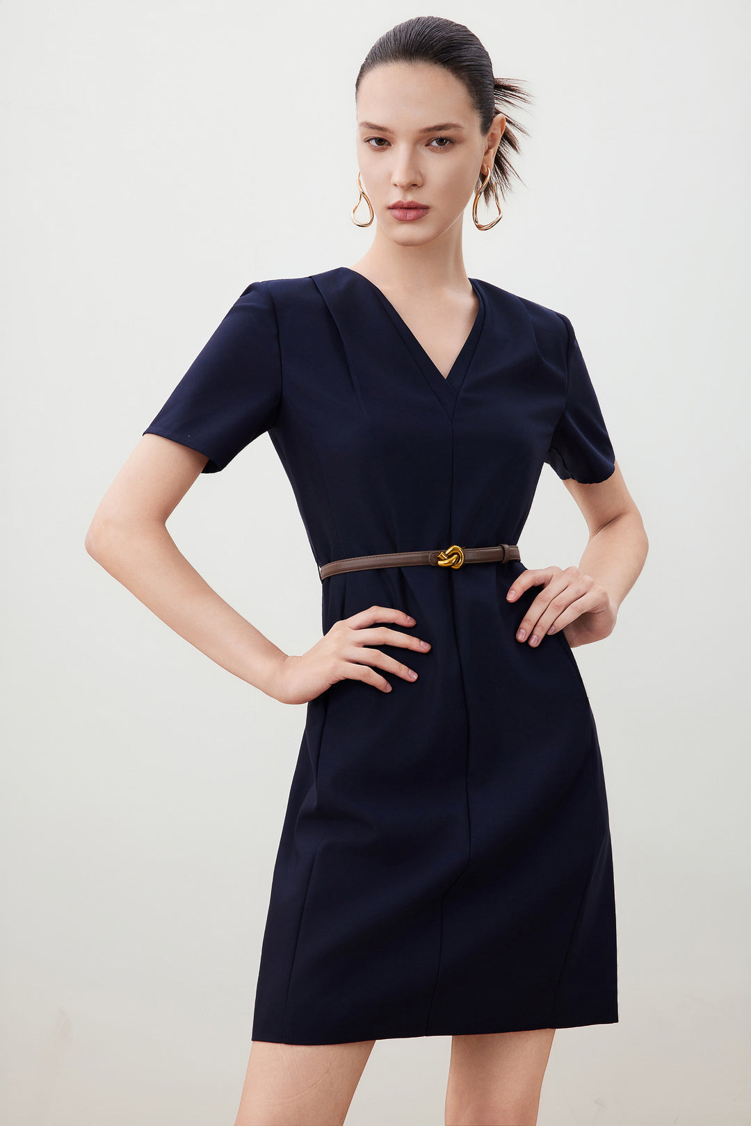 Wool Collection Anti-Static V領連身裙(配腰帶)