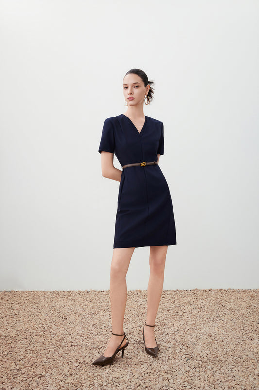 Wool Collection Anti-Static V領連身裙(配腰帶)