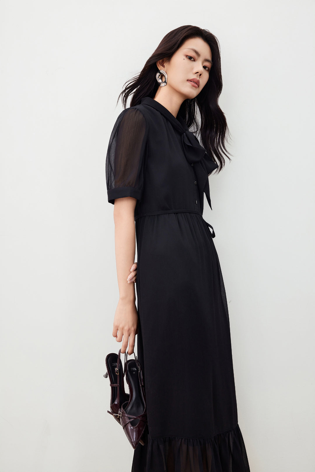 Chiffon 綁帶領連身裙(配領帶)