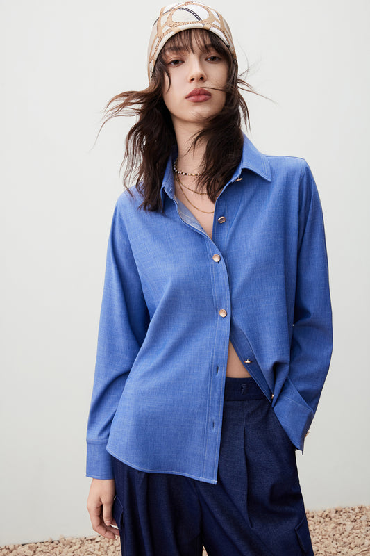 G2000 WOMAN-denim-lapel-collar-short-sleeve-casual-shirt-56232817-Blue