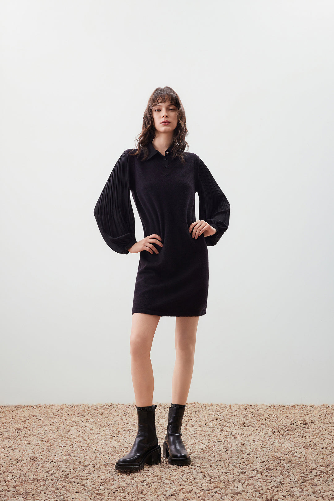 Shirt Neck Long Sleeve Knit Dress