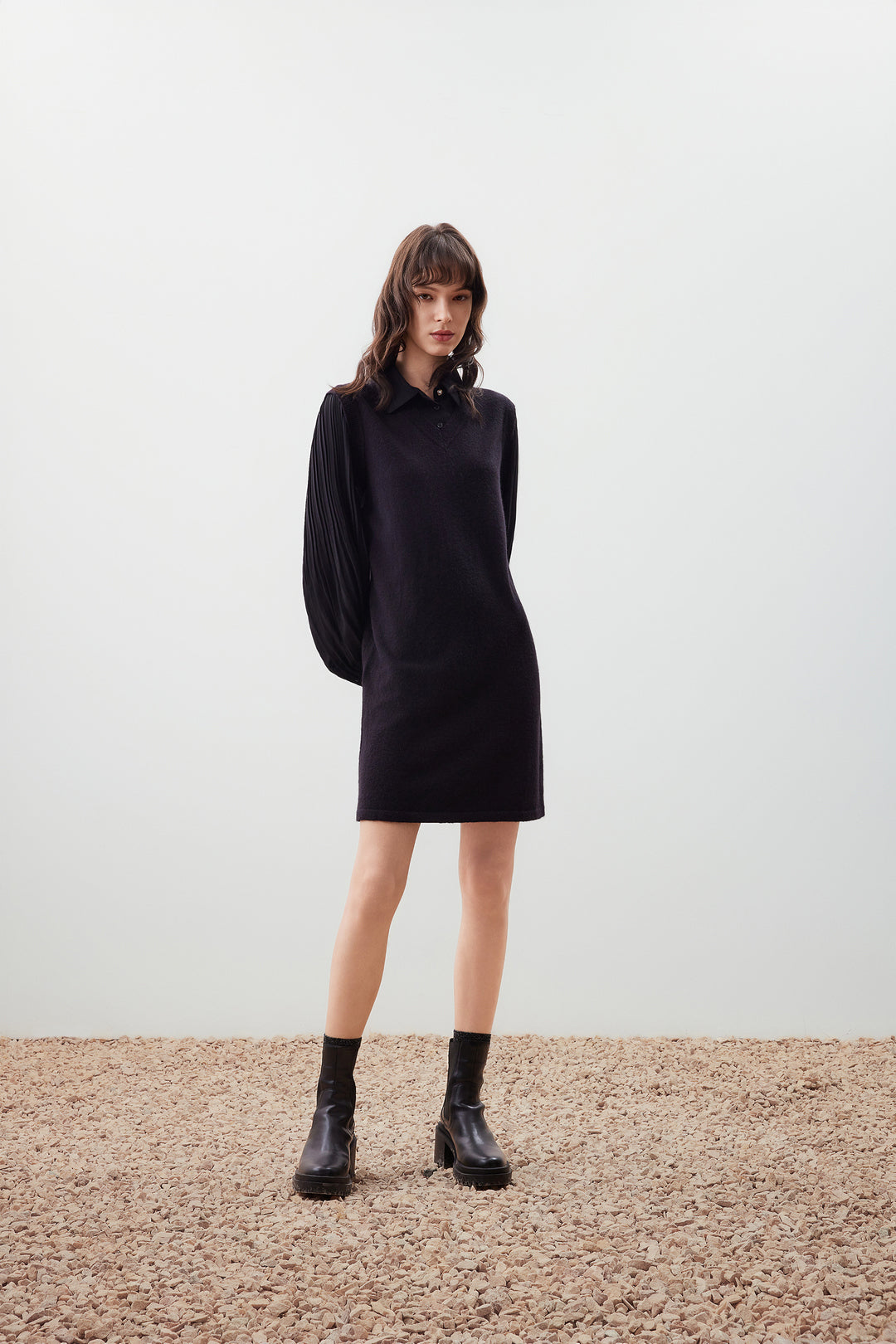 Shirt Neck Long Sleeve Knit Dress