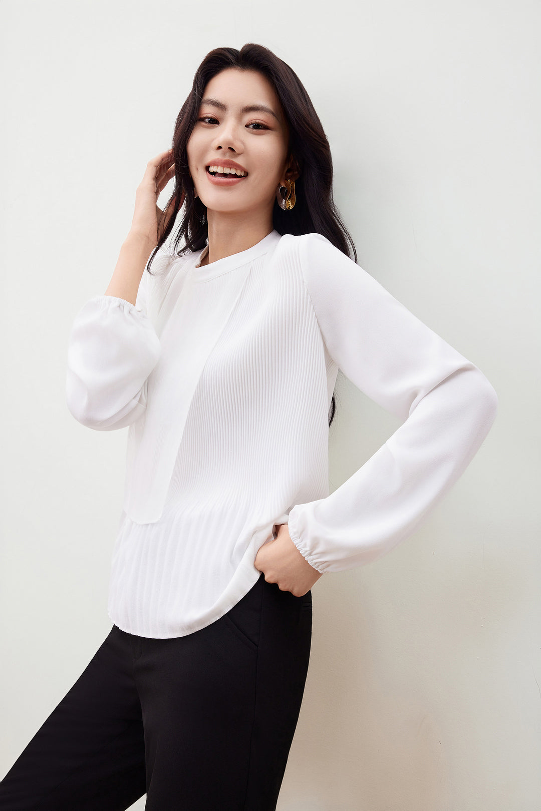 G2000 WOMAN-stand-collar-long-sleeve-long-sleeve-blouse-56241041-White