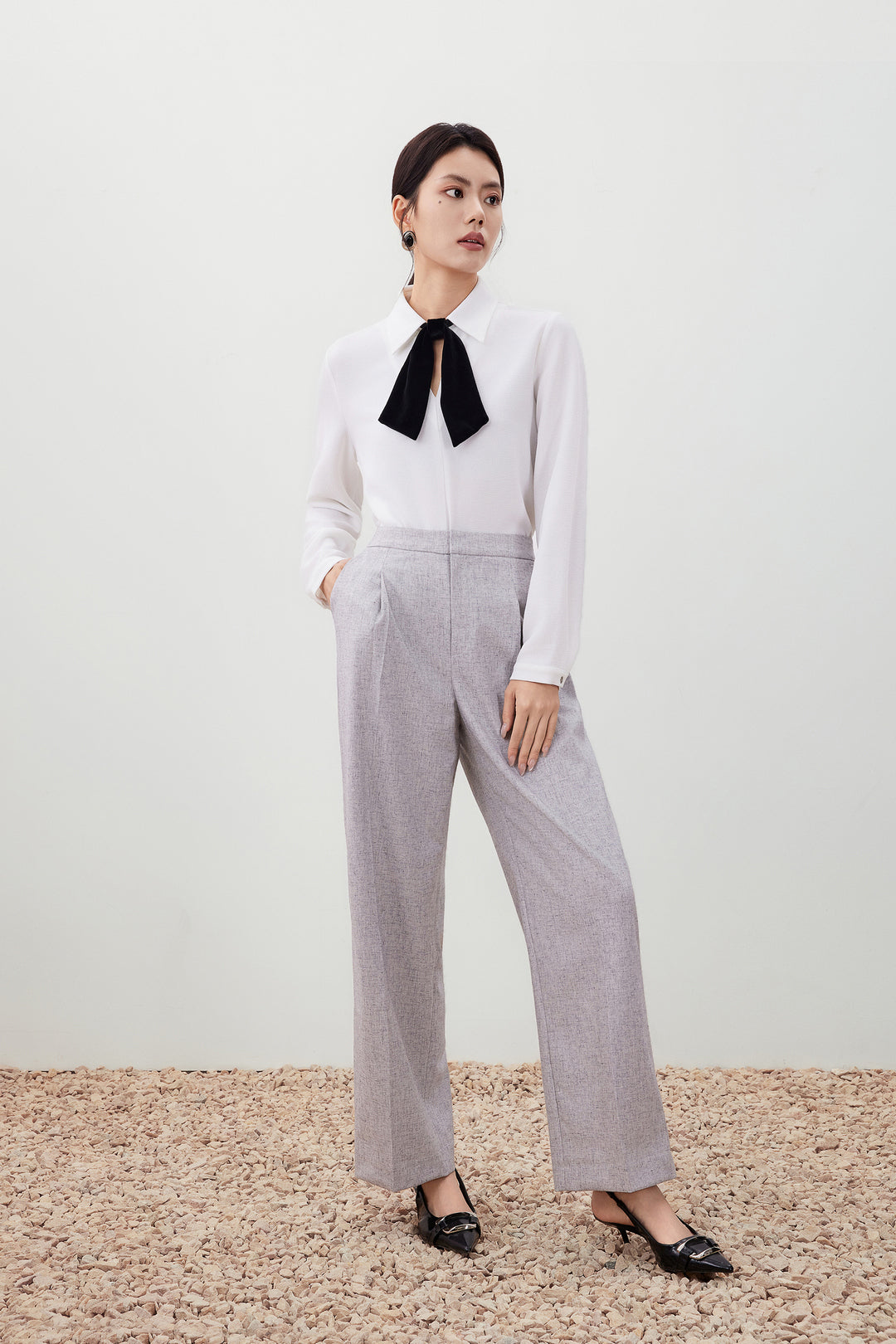 Crepe 恤衫領襯衫(配可拆式天鵝絨蝴蝶結)