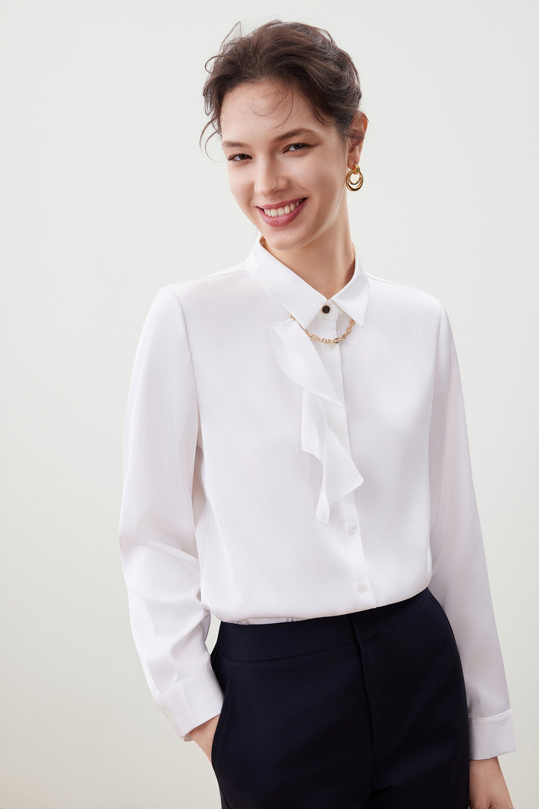 Satin 恤衫領襯衫(配可拆式絲巾項鍊)