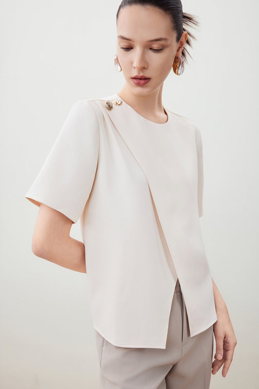 G2000 WOMAN-opaque-round-neck-short-sleeve-blouse-56241421-Beige