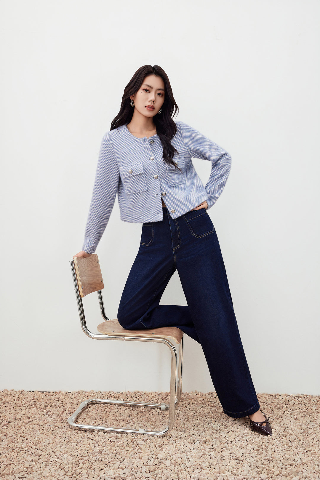 圓領長袖切駁衫