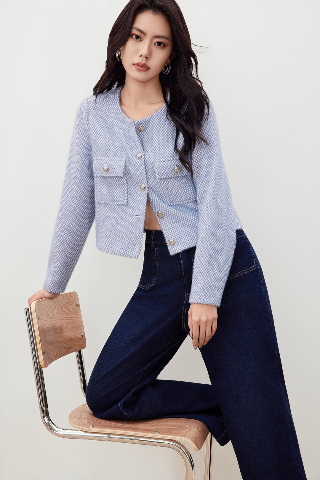 圓領長袖切駁衫