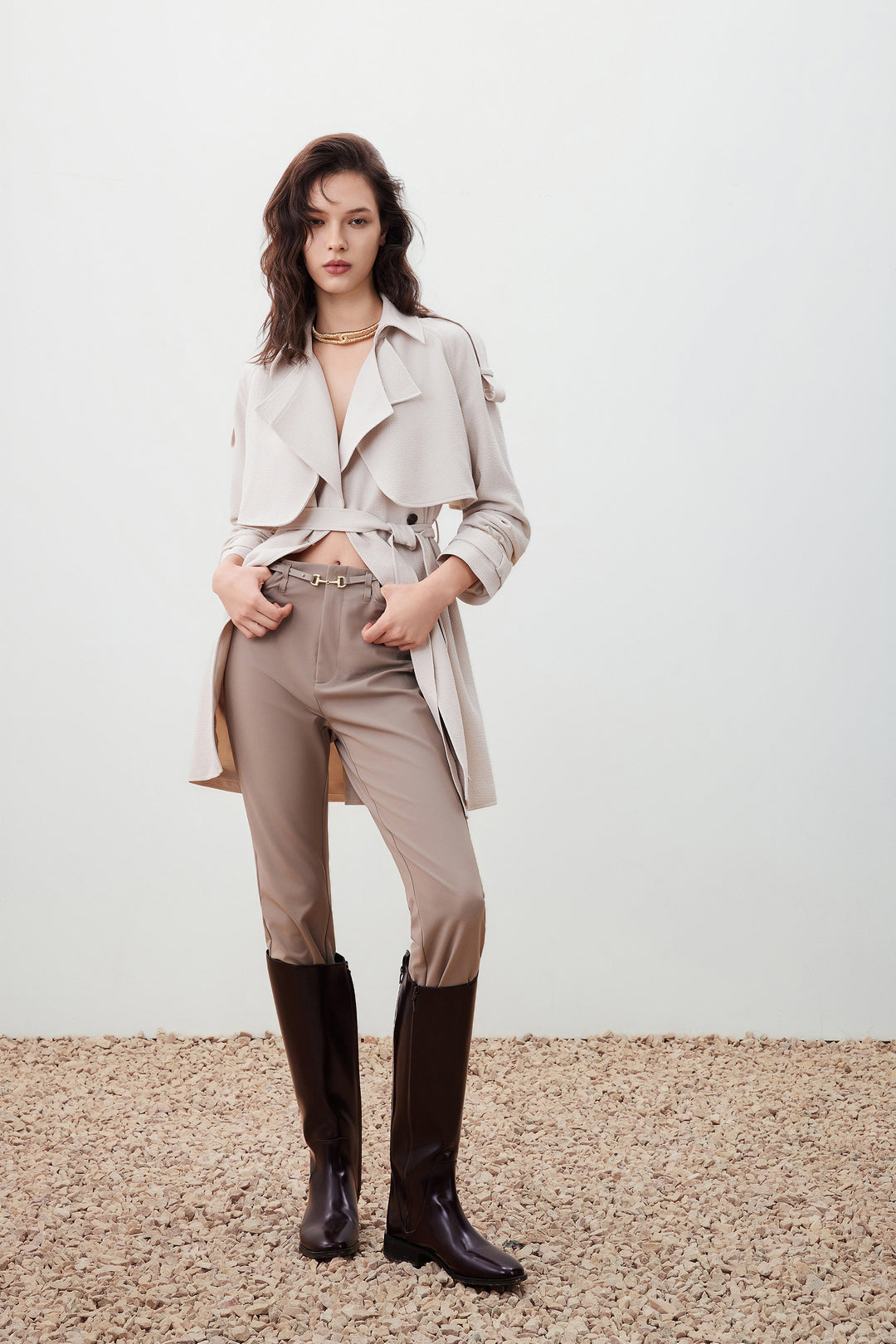 Crepe 翻領大衣(配原身布腰帶)