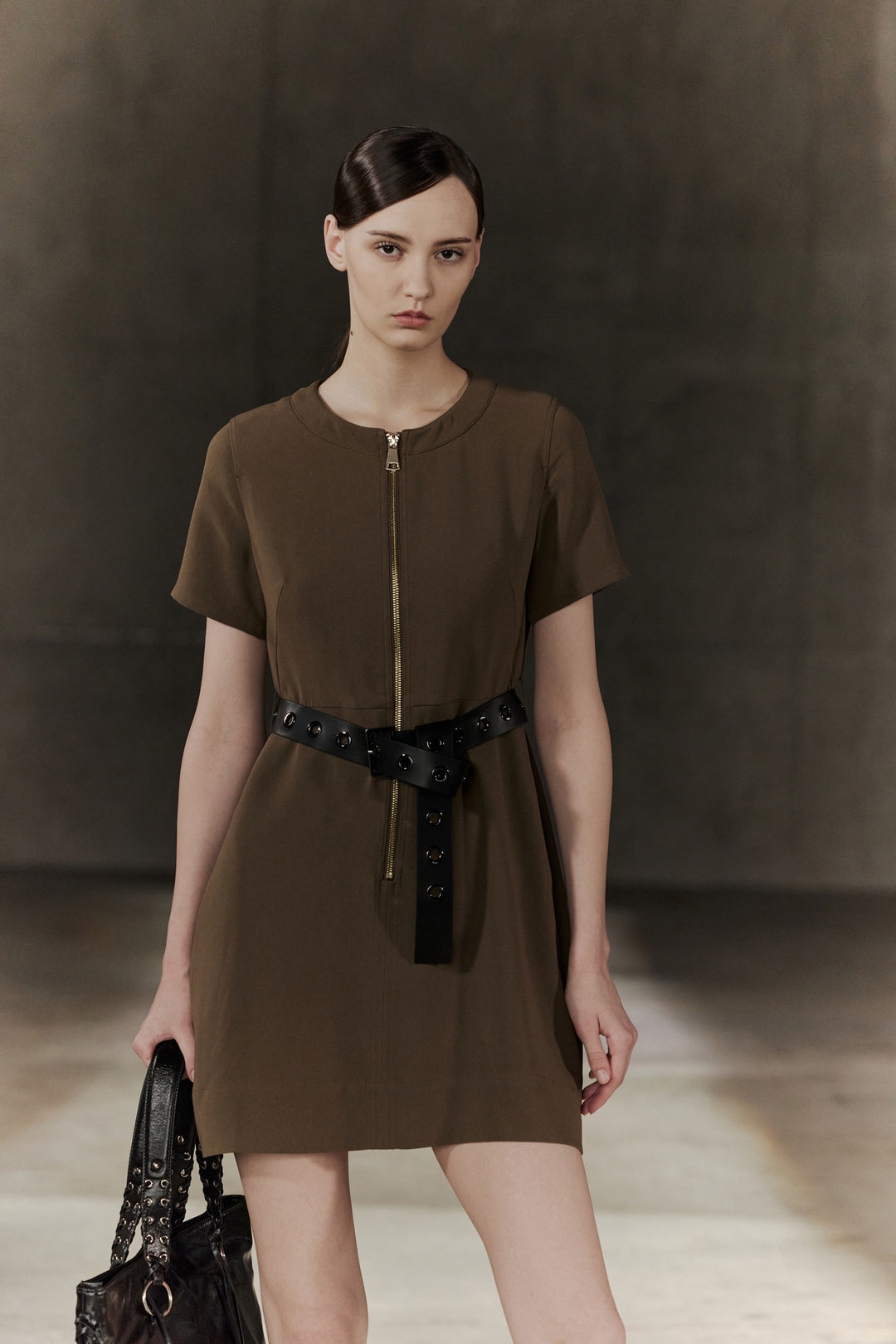 BLAACK WOMAN-blaack-round-neck-short-sleeve-dress-with-belt-56937066-Brown