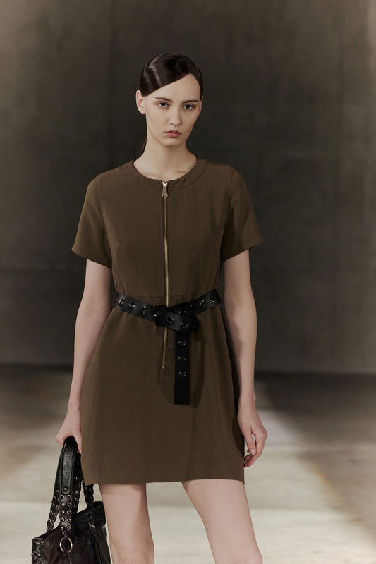 BLAACK WOMAN-blaack-round-neck-short-sleeve-dress-with-belt-56937066-Brown