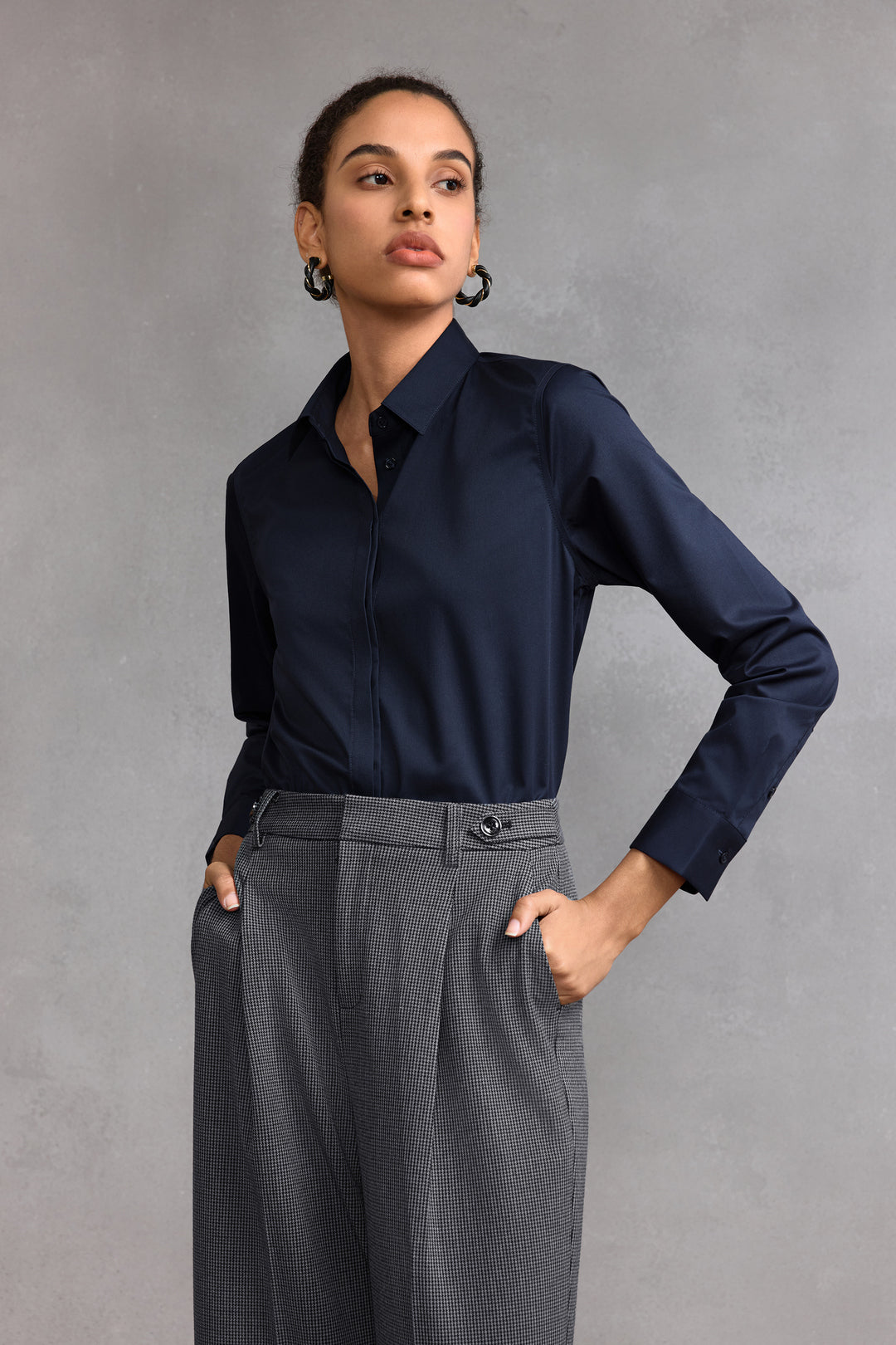 G2000 WOMAN-modal-shirt-neck-long-sleeve-dress-shirt-with-detachable-tie-58221053-Blue