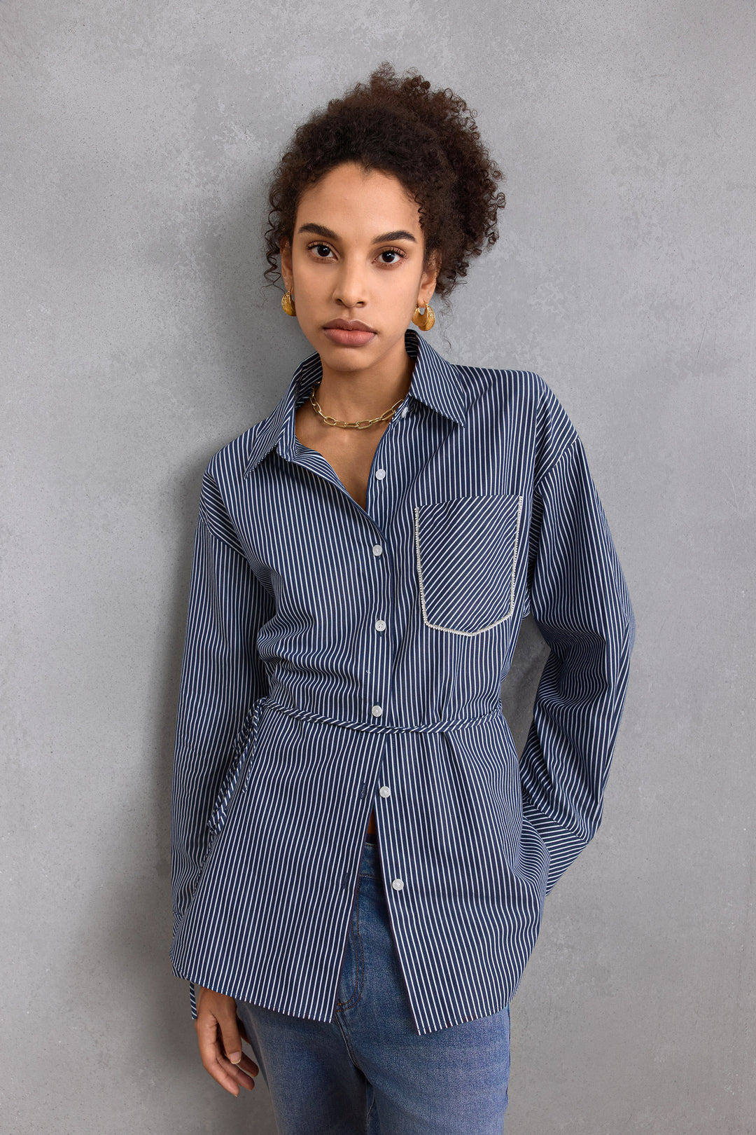 G2000 WOMAN-cotton-lapel-collar-short-sleeve-casual-shirt-with-belt-58233807-Blue