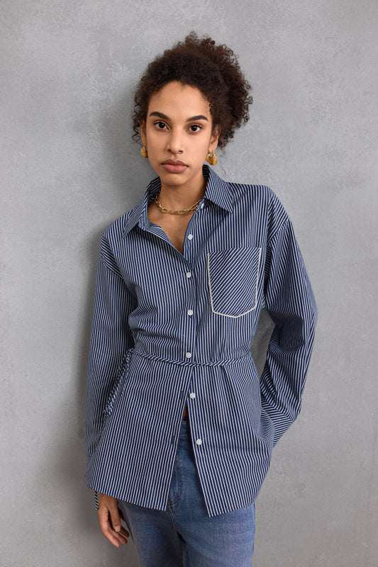 G2000 WOMAN-cotton-lapel-collar-short-sleeve-casual-shirt-with-belt-58233807-Blue