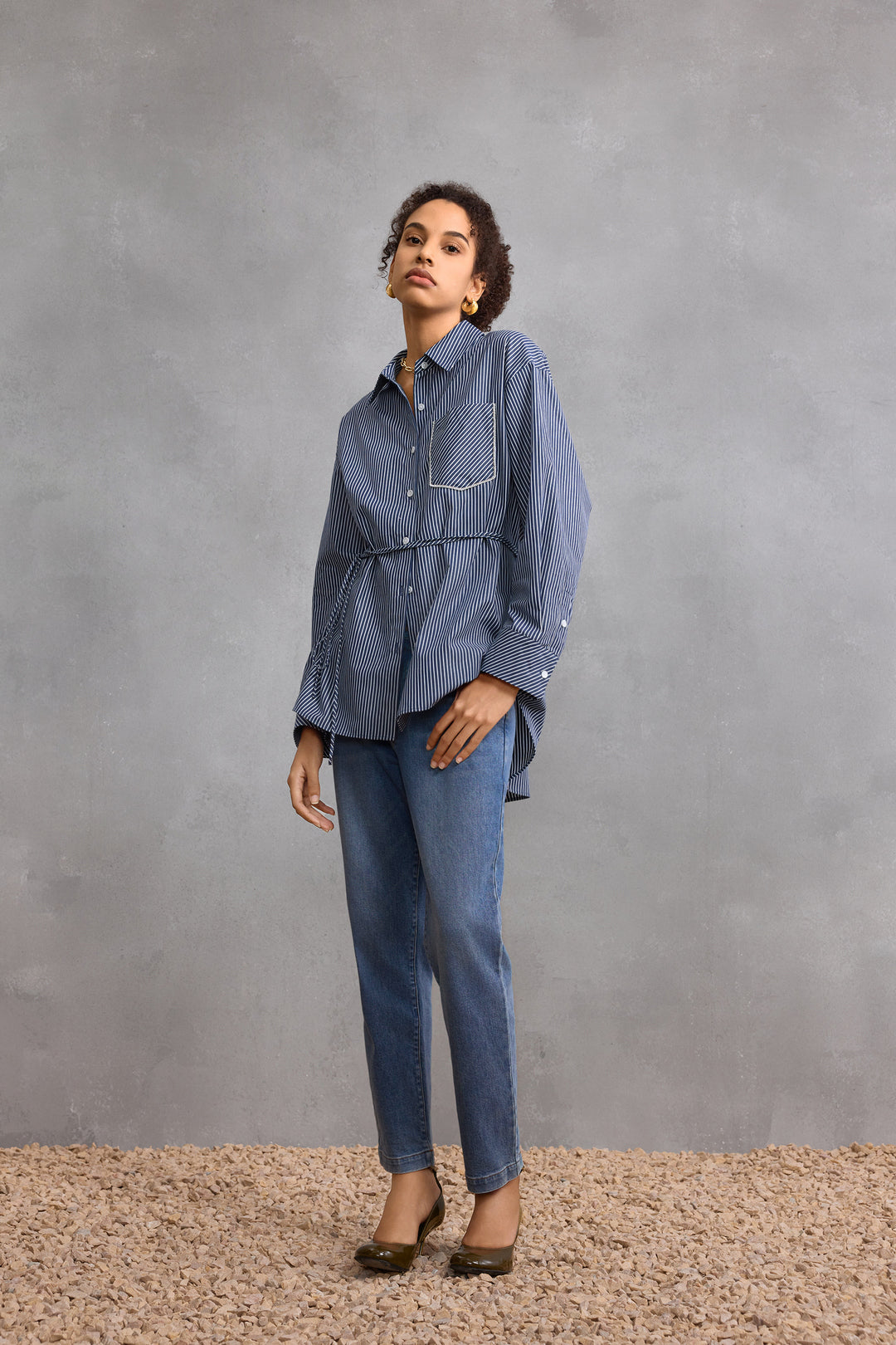 Cotton 翻領休閒恤衫(配腰帶)