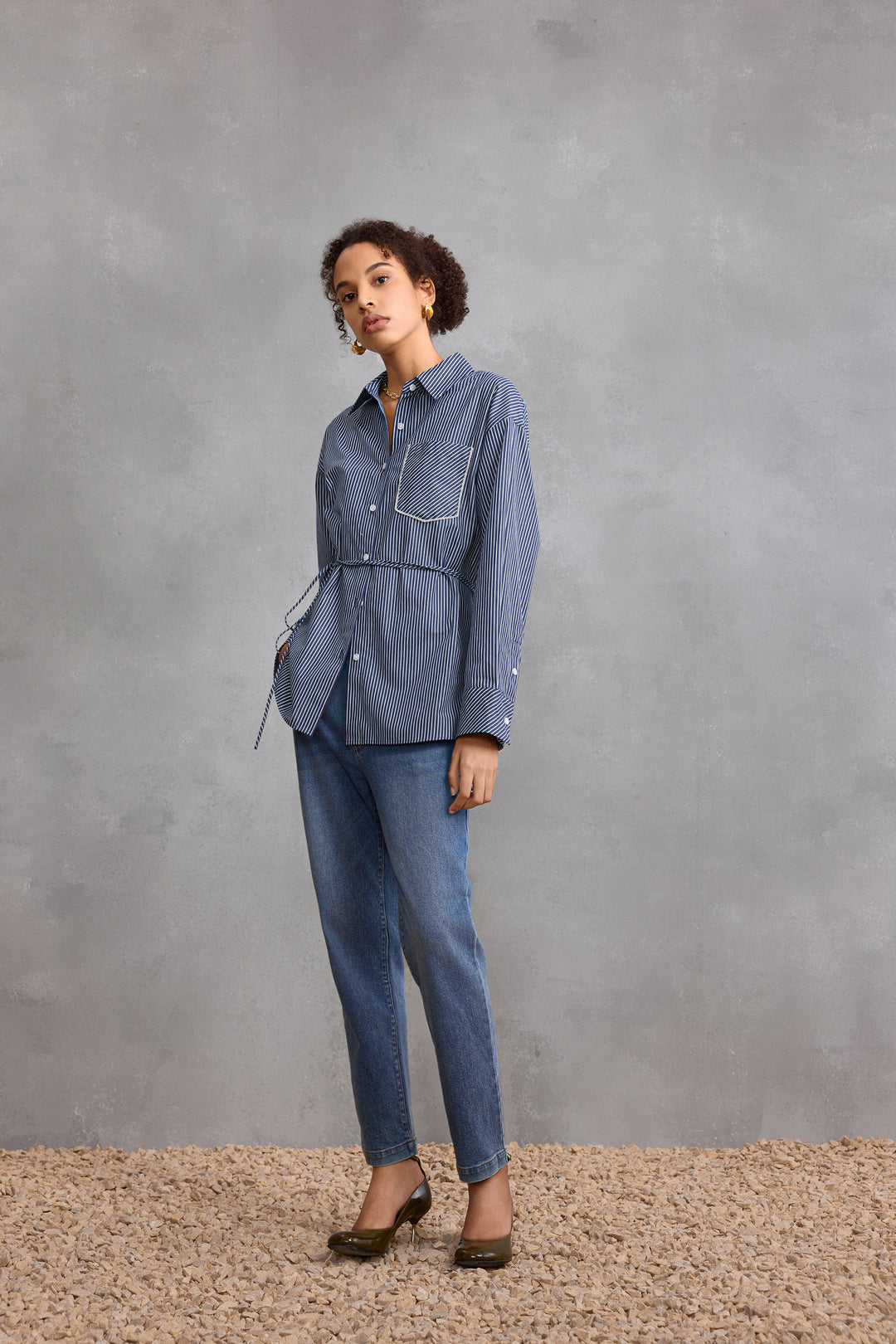 Cotton 翻領休閒恤衫(配腰帶)