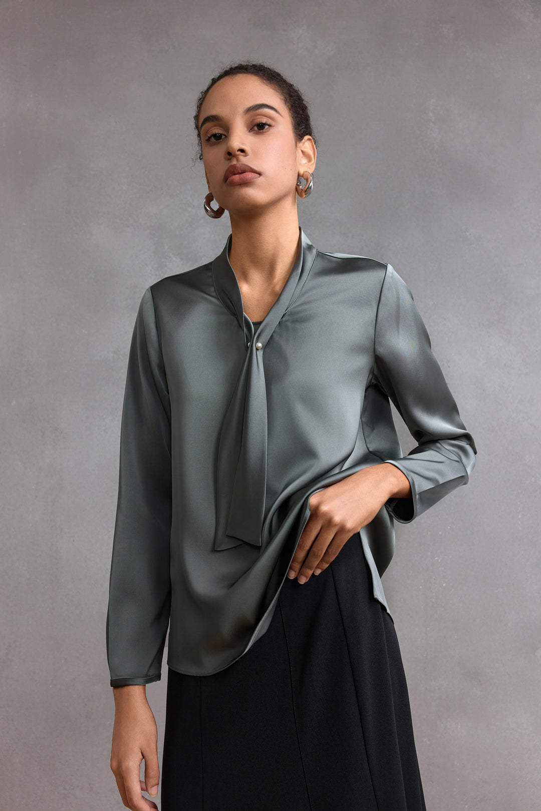 G2000 WOMAN-satin-stand-collar-long-sleeve-blouse-with-tie-58241041-Green