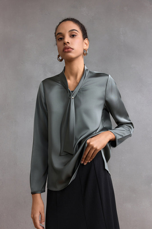 G2000 WOMAN-satin-stand-collar-long-sleeve-blouse-with-tie-58241041-Green