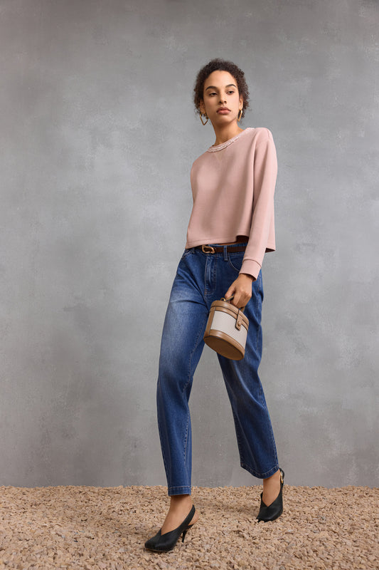 圓領長袖切駁衫