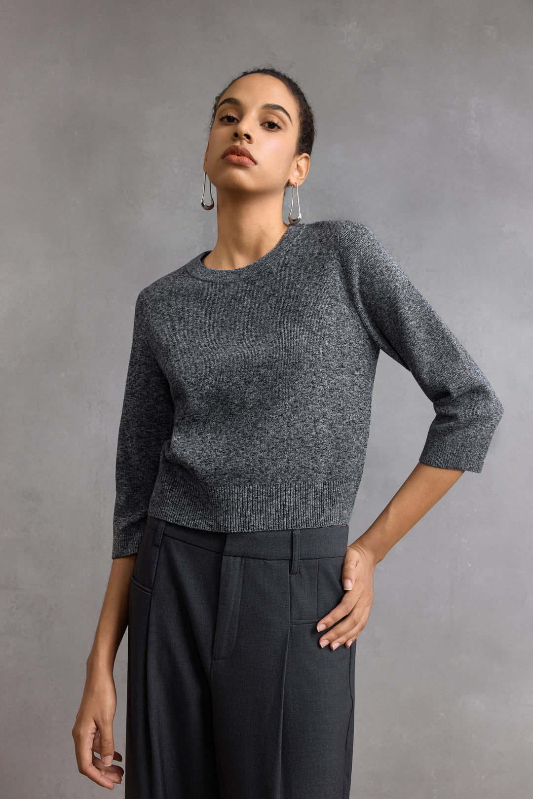 G2000 WOMAN-round-neck-three-quarter-sleeve-knit-sweater-58271021-Grey