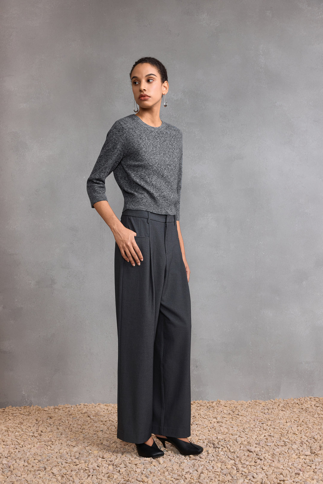 圓領七分袖針織毛衣