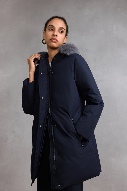 G2000 WOMAN-detachable-metallic-yarn-faux-fur-collar-long-sleeve-down-jacket-with-belt-58291421-Blue