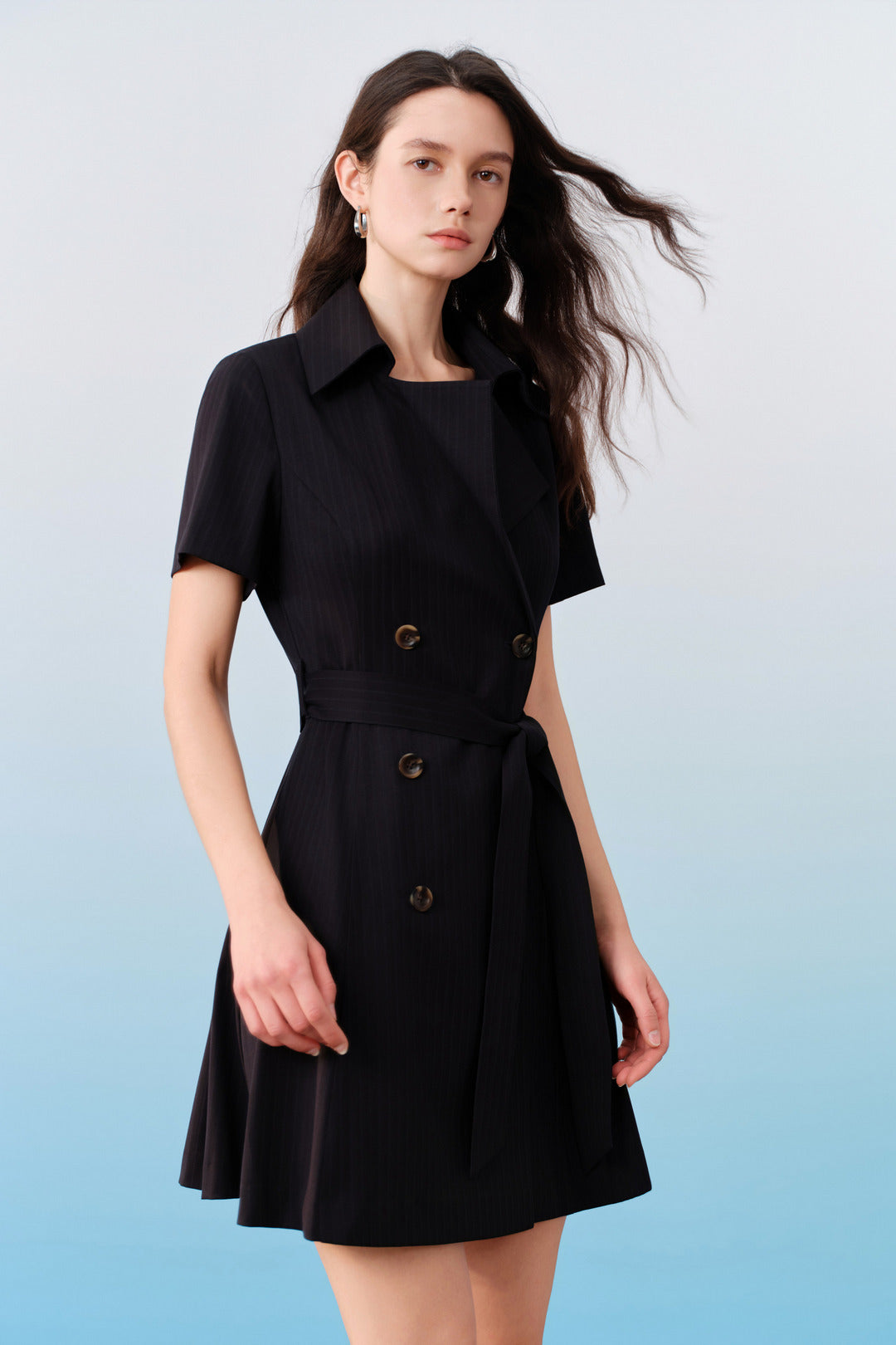 G2000 WOMAN-wide-lapel-collar-short-sleeve-dress-with-matching-self-fabric-tie-belt-61232246-Blue