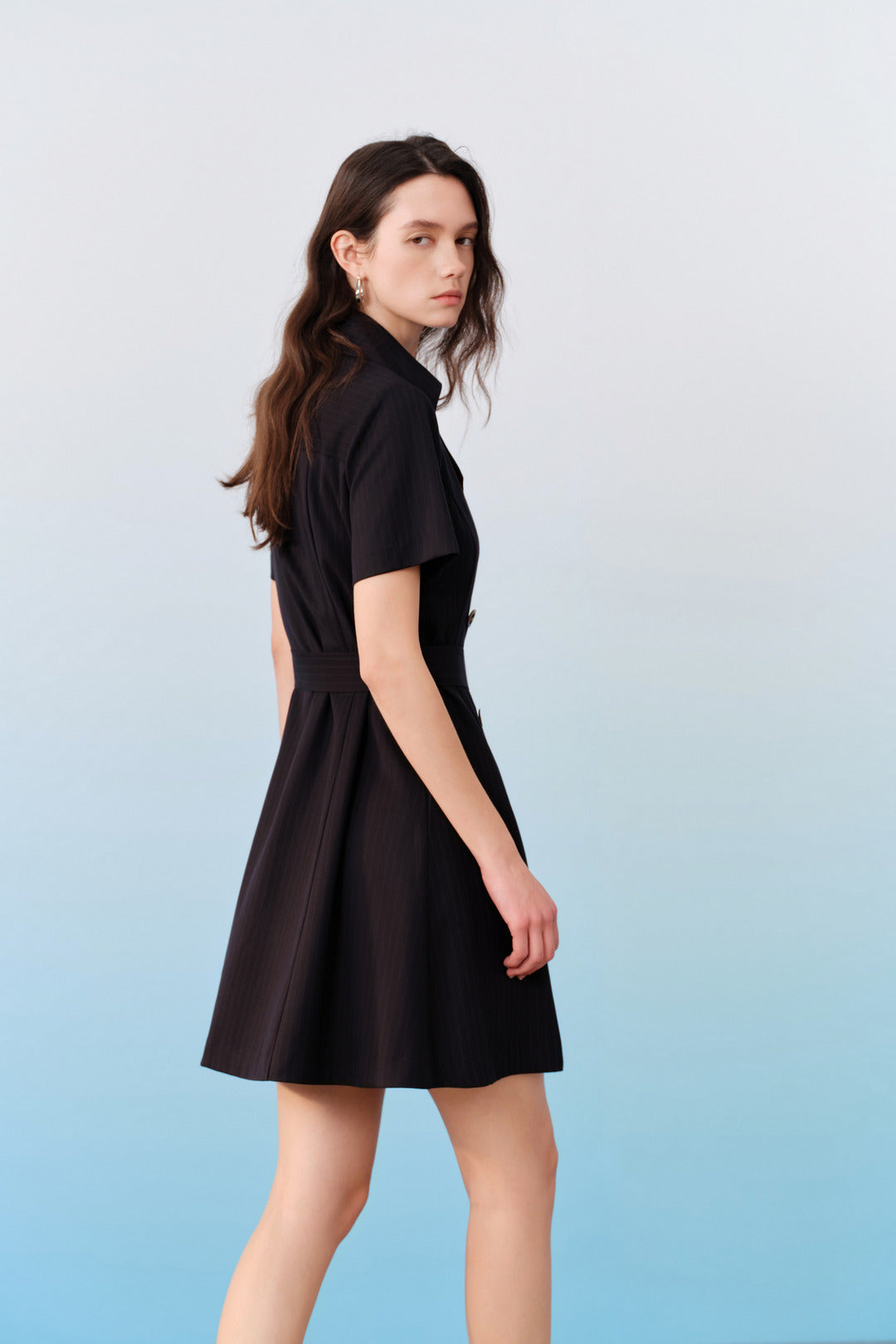 Wide lapel collar Short Sleeve Dress With Matching Self-Fabric Tie Belt