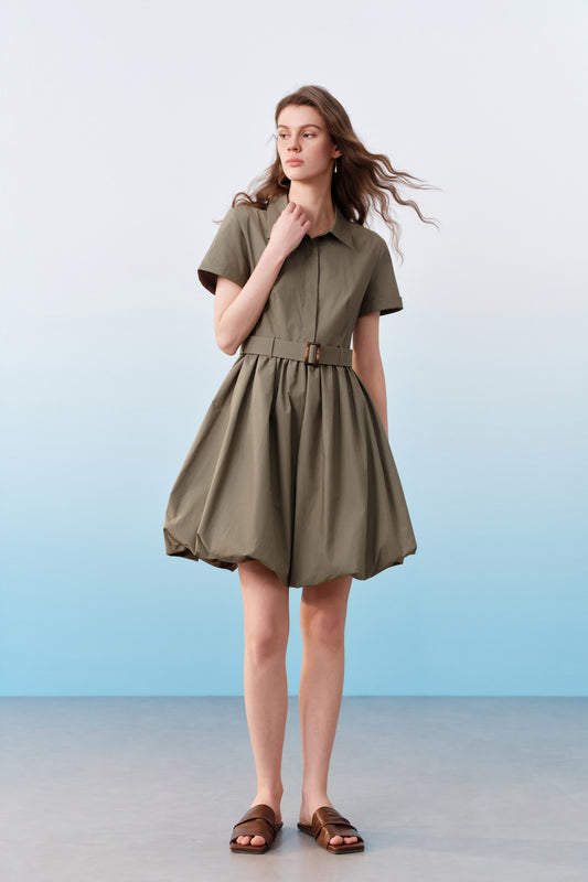 100% Cotton 恤衫領連身裙(配襯衫領泡泡裙擺連身裙)