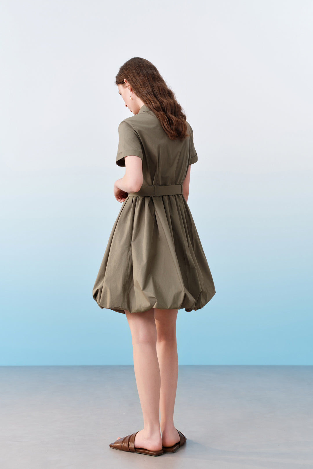 100% Cotton Shirt Collar Dress With Shirt Collar Bubble-Hem Dress