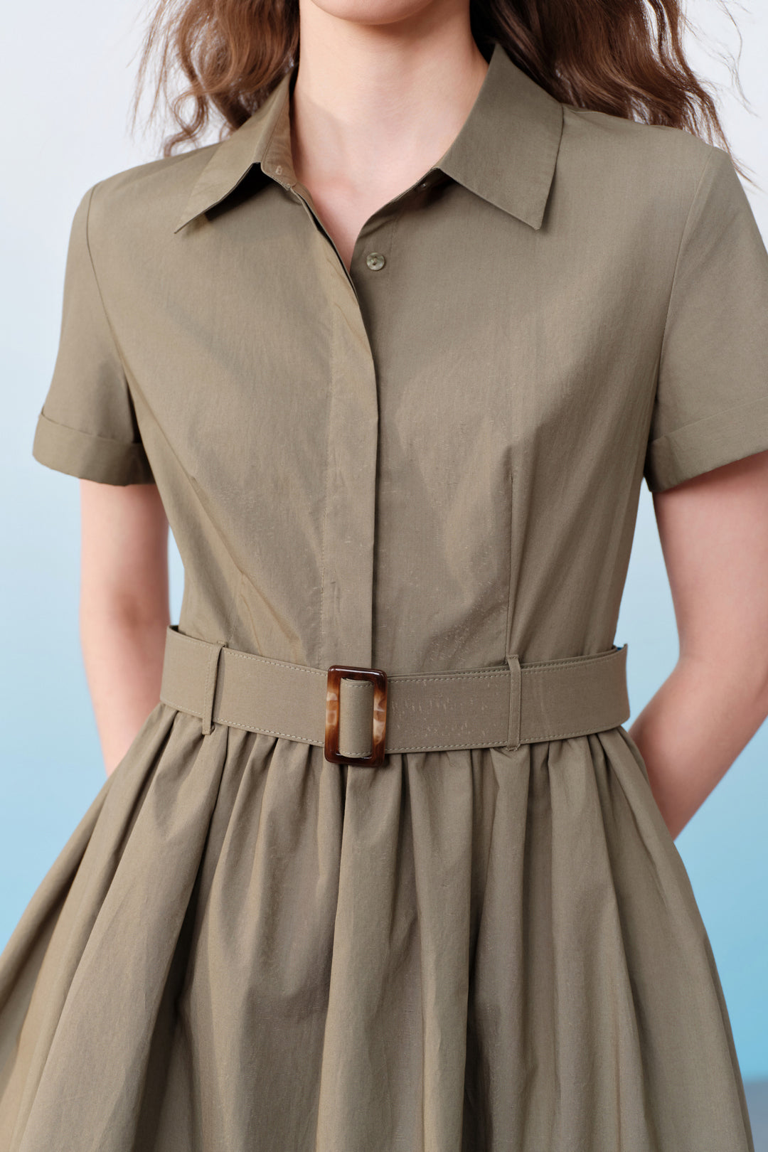 100% Cotton Shirt Collar Dress With Shirt Collar Bubble-Hem Dress