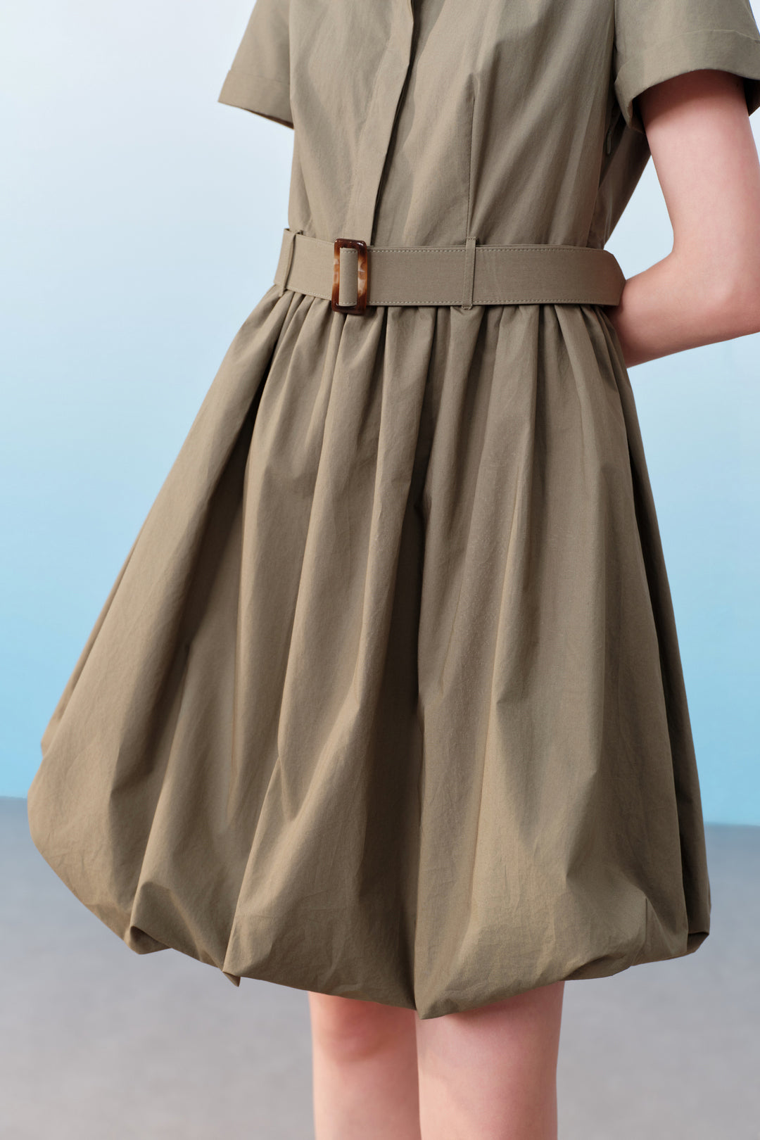 100% Cotton Shirt Collar Dress With Shirt Collar Bubble-Hem Dress