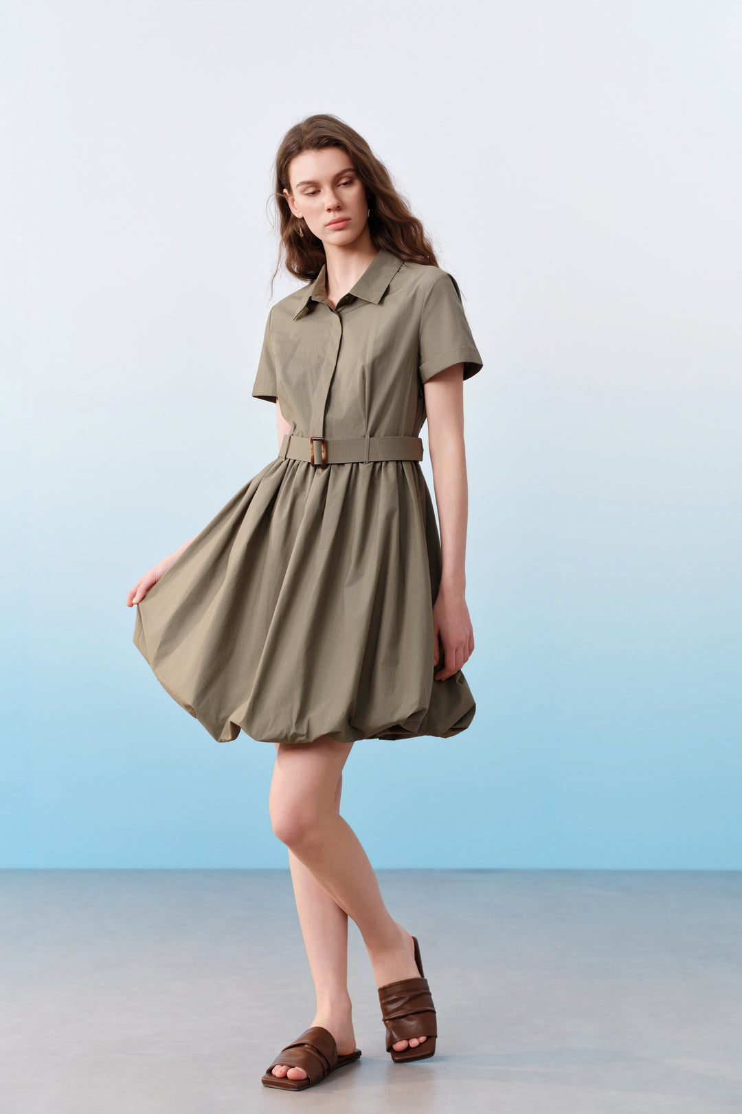 100% Cotton Shirt Collar Dress With Shirt Collar Bubble-Hem Dress