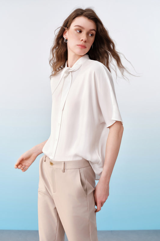 G2000 WOMAN-stand-collar-extended-sleeve-blouse-with-detachable-mini-scarf-61241637-White