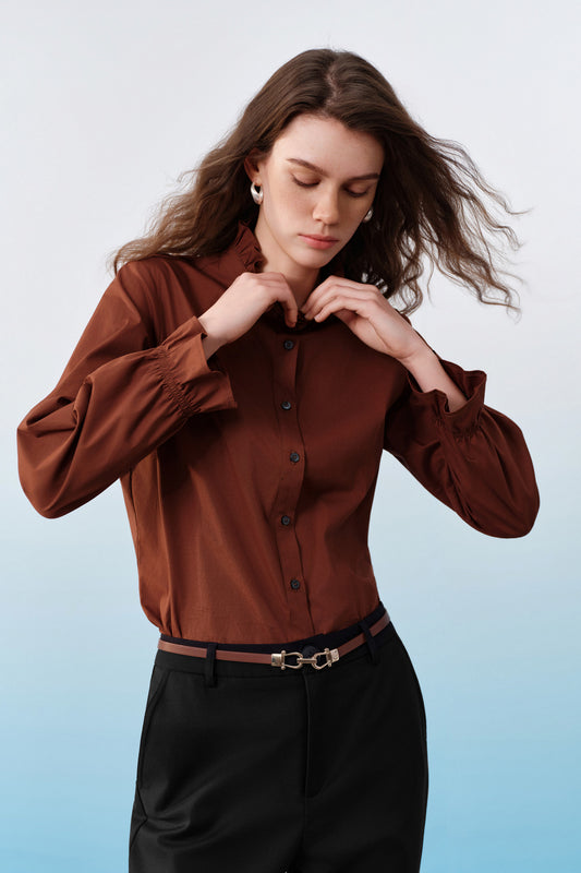 G2000 WOMAN-stand-collar-long-sleeve-with-ruffle-cuffs-blouse-61243111-Brown