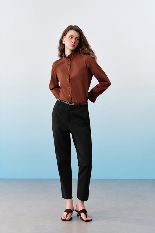 企領荷葉邊袖口長袖襯衫