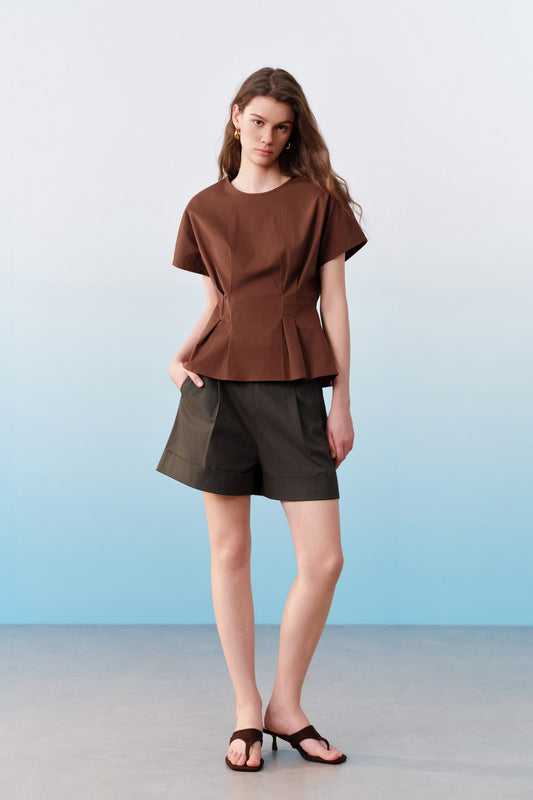 圓領延伸袖襯衫(配腰部縫線細節)